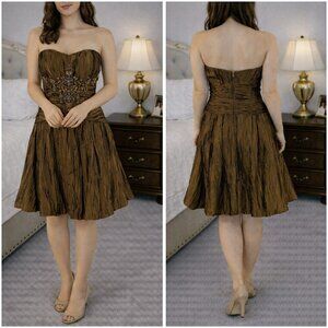 Sue Wong Bronze Beaded Strapless Y2K Cocktail Dress $398